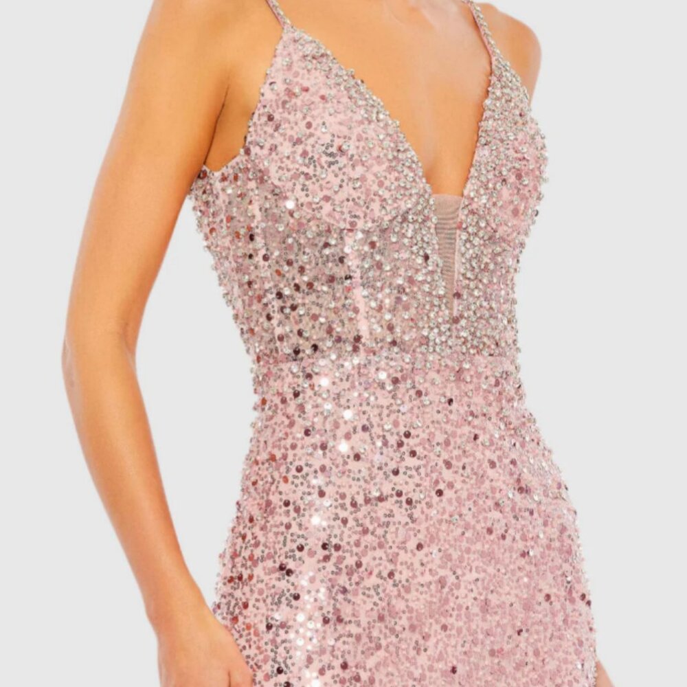 Mac Duggal (018) sz4 Embellishd Plunge Neck Sequin Trumpet Rose Pink 68175 Dress